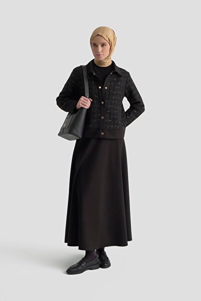 Armine TREND Çıt Çıt Detaylı Gömlek Yaka Etekli İkili Takım Siyah 25KT651