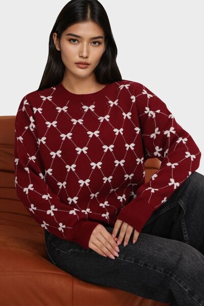 Trend Alaçatı Stili Women's Burgundy Crew Neck Ribbon Patterned Knitwear Swea...