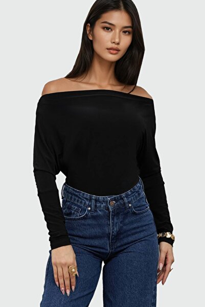 Trend Alaçatı Stili Women's Black Boat Neck Off-The-Shoulder Batwing Sleeve S...