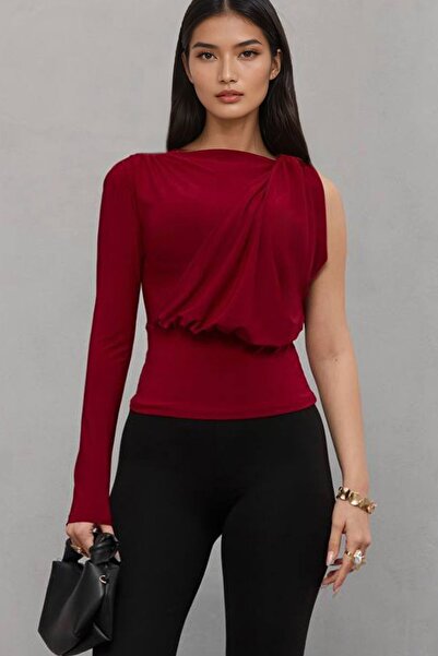 Trend Alaçatı Stili Women's Burgundy One Shoulder Accessory Detailed Blouse A...