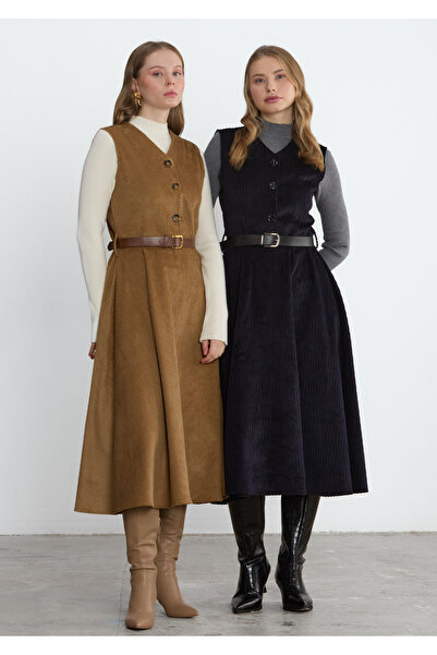 LADYA COLLECTION Lacivert Fitilli Kadife Viola Elbise