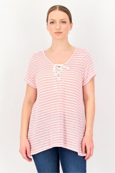 Freshman Women Round Neck Striped Lace Up Top, Multicolor