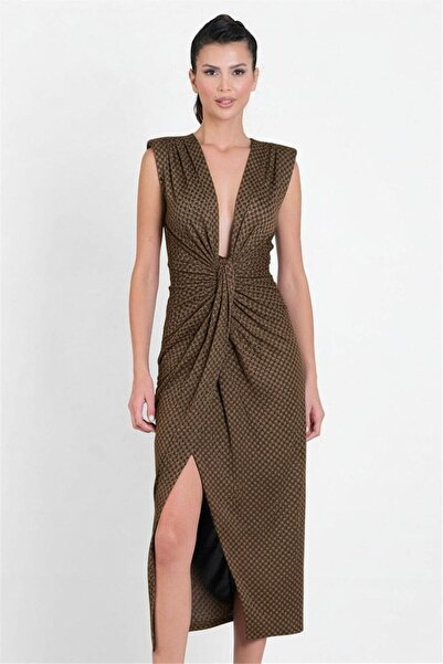 Spazio Finsches Omuz Pileli Önü Derin V Taşlı Uzun Abiye Elbise KAHVE