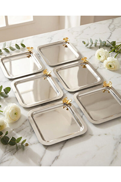 AKSESUAR EVRENİ Nolin Silver Stainless Steel Set of 6 with Gold Butterfly Det...
