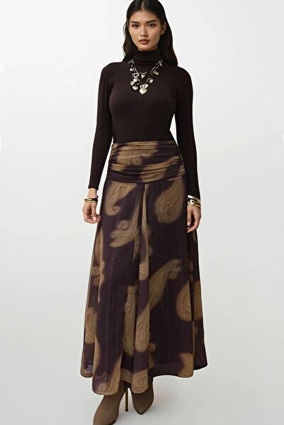 Trend Alaçatı Stili Women's Brown Patterned Waist Ruched Detail Lined Maxi Le...