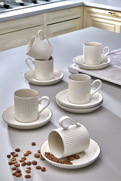 Kitchen Life 12 Parça 6 Kişilik Stackable Çizgili Altın Yaldızlı Kahve Fincan...