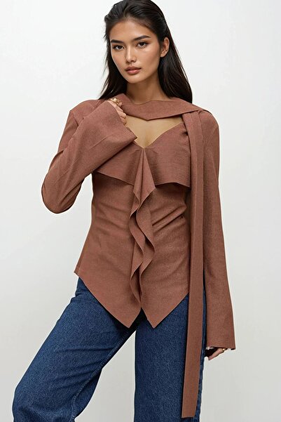 Trend Alaçatı Stili Kadın Kahverengi Asimetrik Kesim Yaka Tasarımlı Önü Fırfı...