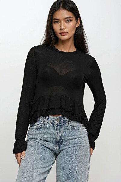 Trend Alaçatı Stili Kadın Siyah Bisiklet Yaka Eteği Fırfırlı Transparan Kaşmi...