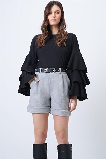 Trend Alaçatı Stili Women's light grey double-layered winter cashmere shorts ...