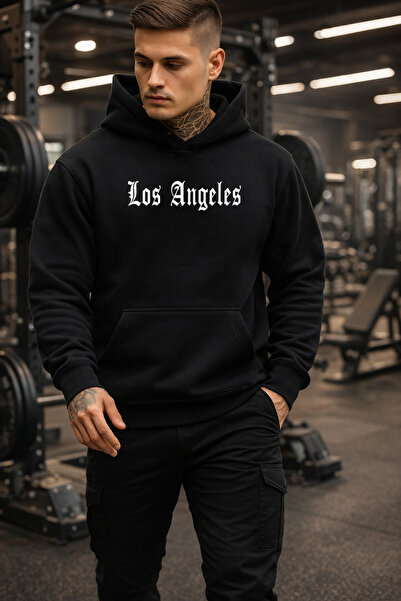 DEEPSENCE Men's Black Oversized Hooded Sweatshirt Los Angeles Big Logo