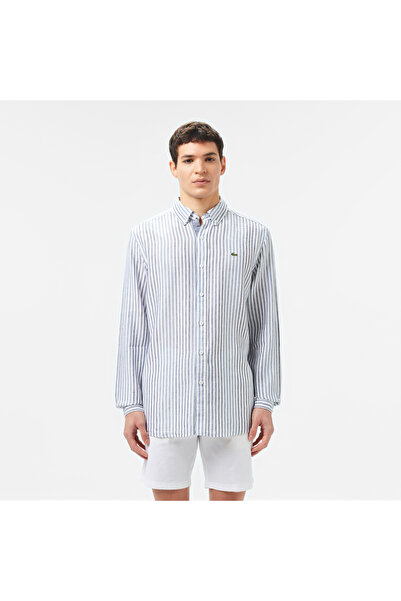 Lacoste Erkek Regular Fit Çizgili Keten Koyu Mavi Gömlek