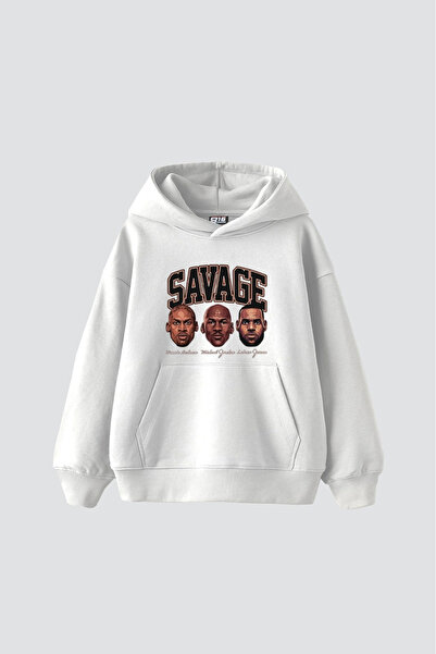 Sekizbiraltı Savage Boys Printed Oversized Unisex White Hoodie