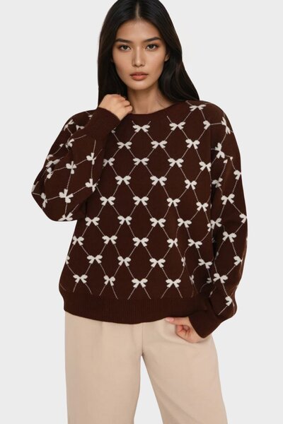 Trend Alaçatı Stili Women's Brown Crew Neck Ribbon Patterned Knitwear Sweater...