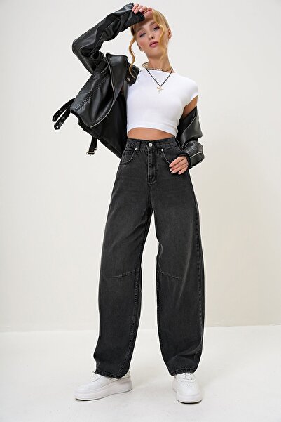 Trend Alaçatı Stili Blugi negri cu talie înaltă pentru femei ALC-X12557