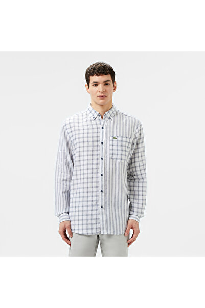 Lacoste Erkek Regular Fit Düğmeli Yaka Ekose Keten Lacivert Gömlek