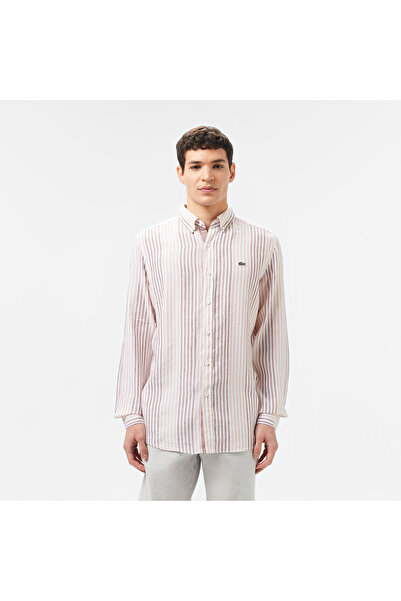 Lacoste Erkek Regular Fit Çizgili Keten Kahverengi Gömlek