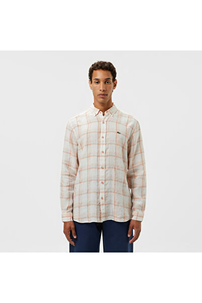 Lacoste Erkek Regular Fit Ekose Keten Açık Kahverengi Gömlek