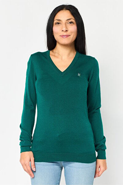 Harmont & Blaine Sport Women V Neck Embroidered Logo Long Sleeve Sweater, Green