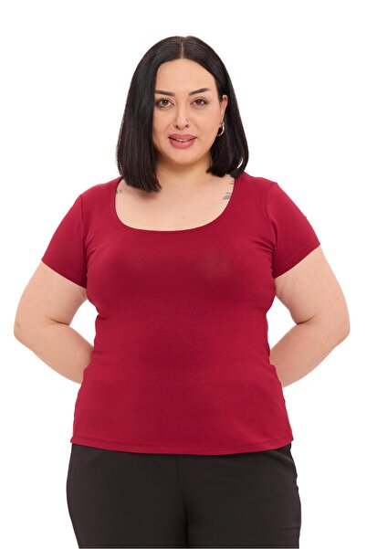 DISENTIS MODEST Plus Size U-Neck Short Sleeve Viscose Burgundy Bodysuit