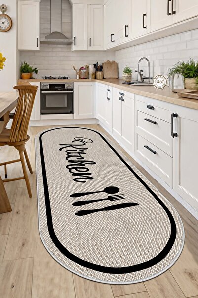 West Home Makinede yıkanabilir kaymaz taban leke tutmaz dijital bej oval mutf...