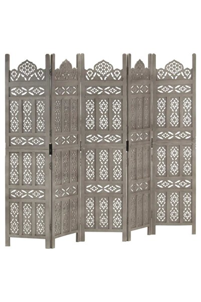 vidaxl فاصل غرفة من خمسة ألواح منحوتة يدويًا، رمادي اللون، 200 × 165 سم، مصنو...