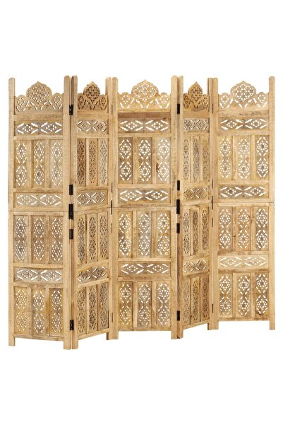 vidaxl فاصل غرفة منحوت يدويًا من 5 ألواح، 200 × 165 سم، مصنوع من خشب المانجو ...