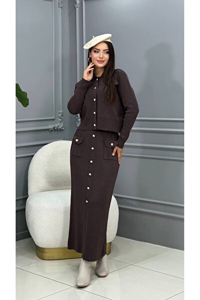 Genesis cannes Cannes Mercan Women's Brown Knitwear Set - Buttoned Skirt and ...
