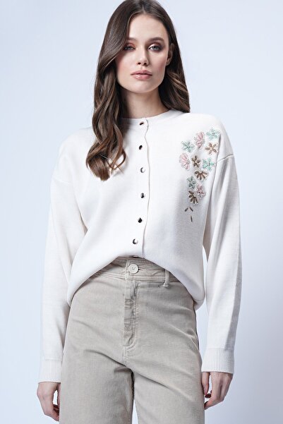 Trend Alaçatı Stili Women's Ecru Embroidered Knitwear Cardigan Alc-X14755