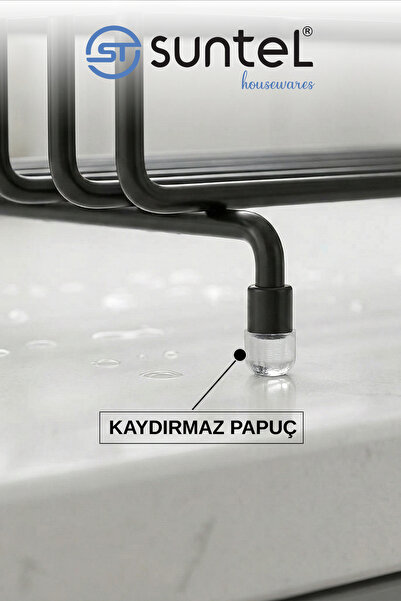 Suntel Mutfak Lavabo Üstü Düzenleyici Organizer - Siyah Metal Süngerlik, Deterjanlık ve Bez Askılı Stand