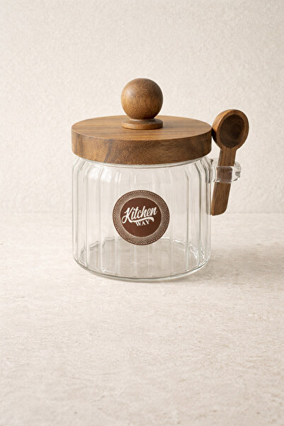 Kitchen Way Acacia Gasketed Striped Glass 400ml Jar Set with Spoon Kw-752