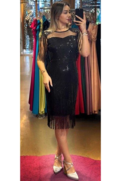 Abiyeniall Siyah Kalın Askı Düz Kesim Payet Midi Abiye Elbise 7626