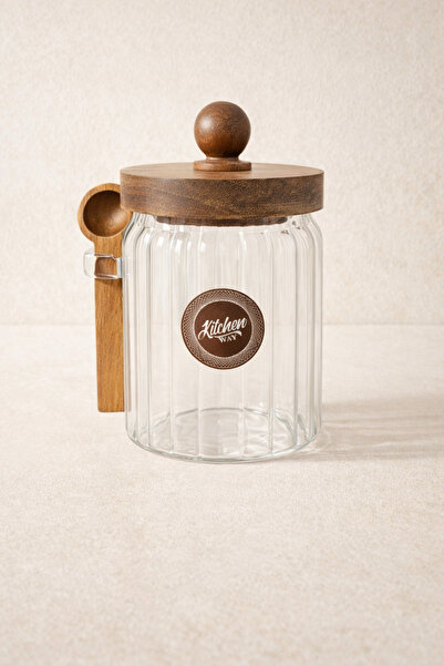 Kitchen Way Acacia Gasketed Striped Glass 600ml Jar Set with Spoon Kw-753