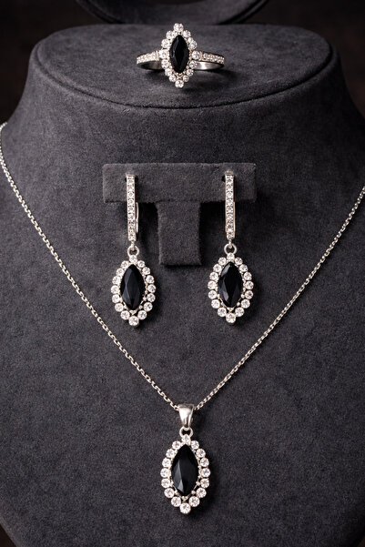 OSMANLI GÜMÜŞ Kadın Gümüş Kolye Küpe Yüzük Set - Doğal Siyah Oniks Taşlı Meki...