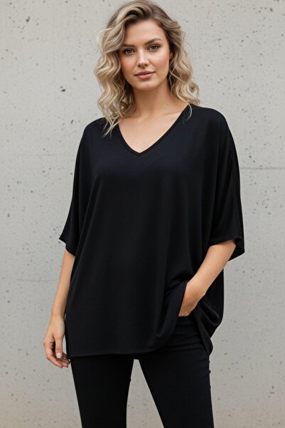 Mossta Bluză din viscoză croi relaxat cu decolteu în V - Negru