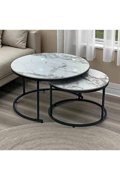 VALUE Round coffee table set with decorative marble design (2 pieces).