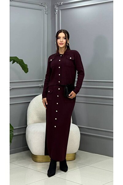 Genesis cannes Cannes Mercan Women's Burgundy Knitwear Set - Buttoned Skirt a...