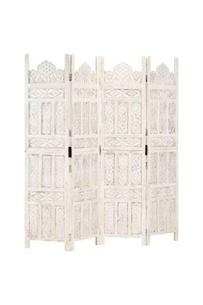 vidaxl فاصل غرفة أبيض منحوت يدويًا من 4 ألواح، مقاس 160 × 165 سم، مصنوع من خش...