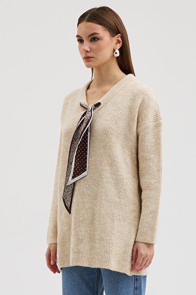 Lijuri Self-Tied Scarf V-Neck Casual Knit Sweater 1394