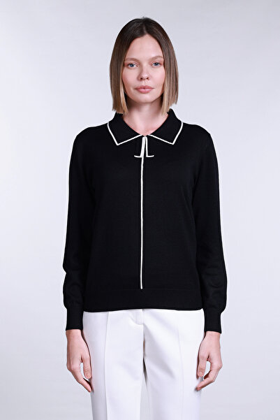 Sempre Women's Polo Neck Long Sleeve Wool Sweater 2734 Black-Ivory