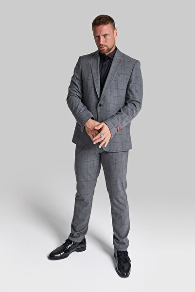 GustmanModa Erkek Koyu Gri Siyah Kareli Slim Fit Blazer Ceket Pantolon Takım ...