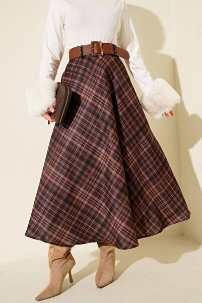 TrendParis Plaid Pattern Kiloş Skirt with Belt