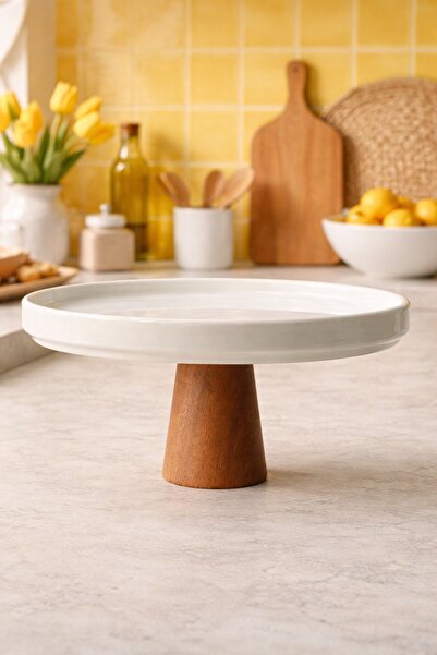 Evila Ahşap Ayaklı Porselen Servis Tabağı – Meyvelik ve Sunum Standı 23cm