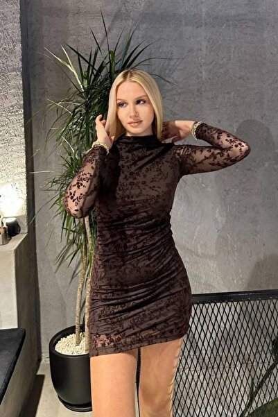 Aura 7 Collection Flok Baskılı Astarlı Dik Yaka Mini Elbise