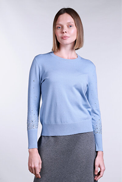 Sempre Women's Sleeves Stone Detailed Crew Neck Sweater 2704 Blue
