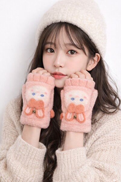 gigigiyim Tavşan Desenli Kapaklı Kız Çocuk Peluş Parmaksız Eldiven