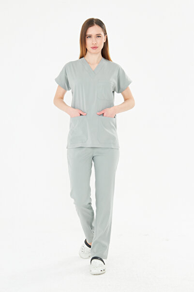 TIPMOD Unisex Yarasa Kol Likralı Yeni Gri Doktor/Hemşire Forması/Scrubs (Yöne...