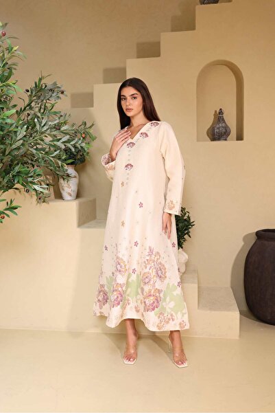 IKKXA جلابيات من قماش الكتان الكلاسيكي المزهر