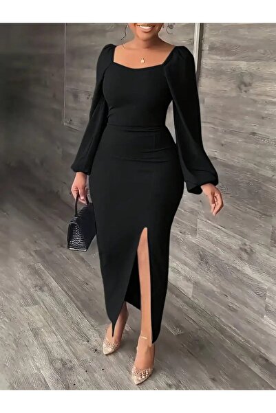 buğrahayalin Women's Long Sleeve Geometric Neckline Side Slit Long Janjan Cre...