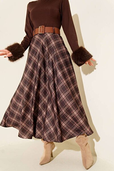 TrendParis Plaid Pattern Kiloş Skirt with Belt