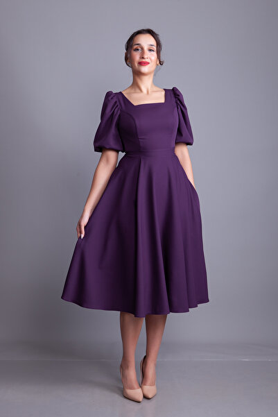 Bidoluelbise فستان سهرة ميدي بياقة مربعة وأكمام بالون من قماش البرقوق